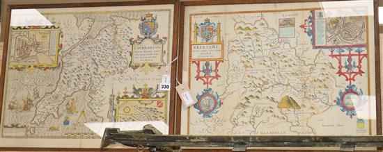 John Speed (1552-1629), two County maps of Wales, later hand-coloured, plate sizes 38.5 x 51cm